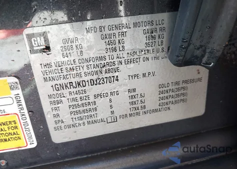 2013 Chevrolet Traverse 2Lt из США, поврежденный, VIN 1GNKRJKD1DJ237074